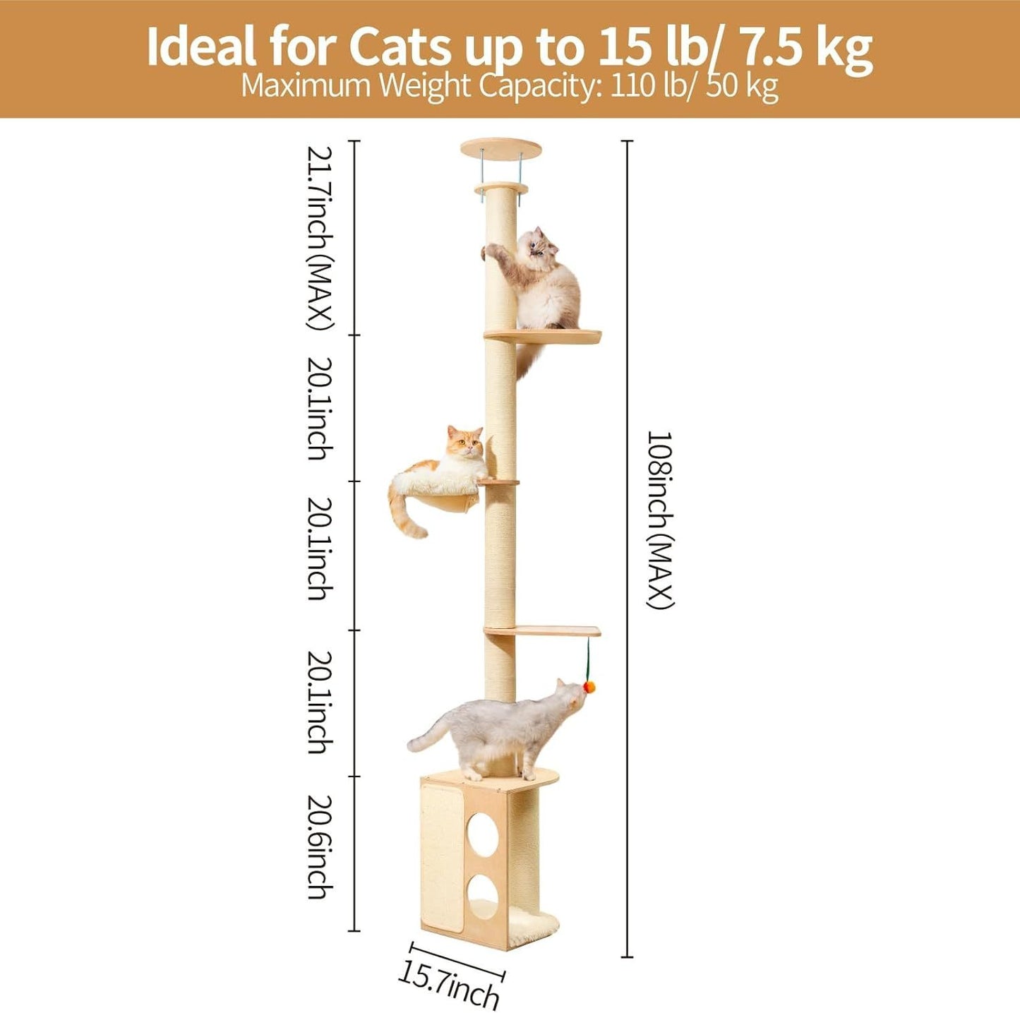 MEWOOFUN Floor-to-Ceiling Cat Tree - 108 Inch Tall Wooden Tower For Large Cats, Multi-Level Climbing & Scratching Post With Perches