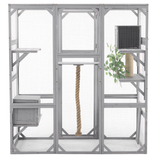Outdoor Cat House DIY Cat Enclosure, Cat Catio With Double Enter Doors 62.8 L X 32.2 W X68.5 H Balcony Cat Playpen With Platforms And Two Condos For 1-3 Cats Light Grey