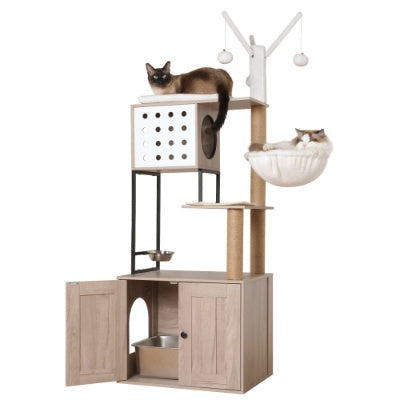 Cat Tree With Litter Box Enclosure - Modern Cat Condo With Scratching Posts, Feeding Bowl Removable Pompom Sticks, Gray