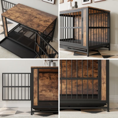 Dog Crate Furniture, Wooden Dog Crate Table, 38.9 Dog Kennel With 2 Sliding Doors And Thick Iron Door Frame, Decorative Pet Crate House For Large Medium Small Dog Indoor Use Rustic Brown