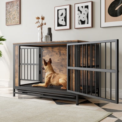 Dog Crate Furniture, Wooden Dog Crate Table, 38.9 Dog Kennel With 2 Sliding Doors And Thick Iron Door Frame, Decorative Pet Crate House For Large Medium Small Dog Indoor Use Rustic Brown