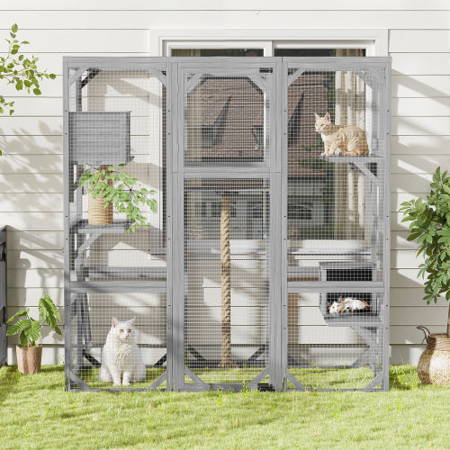 Outdoor Cat House DIY Cat Enclosure, Cat Catio With Double Enter Doors 62.8 L X 32.2 W X68.5 H Balcony Cat Playpen With Platforms And Two Condos For 1-3 Cats Light Grey