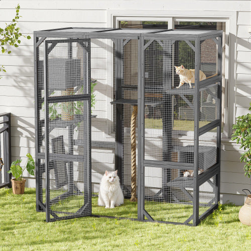 Outdoor Cat House DIY Cat Enclosure, Cat Catio With Double Enter Doors 62.8 L X 32.2 W X68.5 H Balcony Cat Playpen With Platforms And Two Condos For 1-3 Cats Light Grey