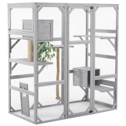 Outdoor Cat House DIY Cat Enclosure, Cat Catio With Double Enter Doors 62.8 L X 32.2 W X68.5 H Balcony Cat Playpen With Platforms And Two Condos For 1-3 Cats Light Grey
