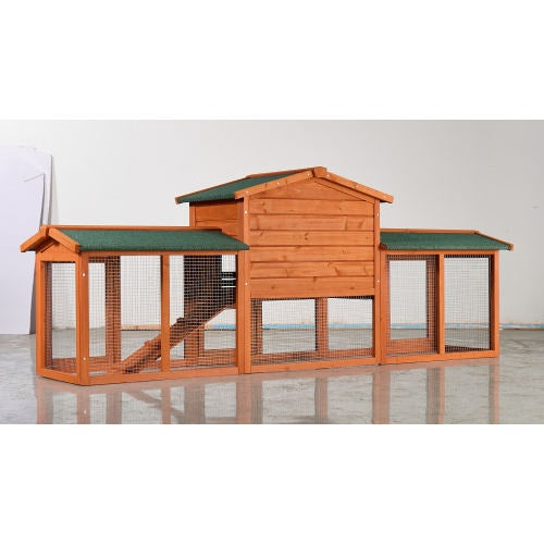 Large Wooden Rabbit Hutch, Outdoor Bunny Cage With Spacious Run, Waterproof Asphalt Roof, Pull-Out Tray And Ramp, Fir Wood Pet House For Rabbits, Chickens And Small Animals Brown Green