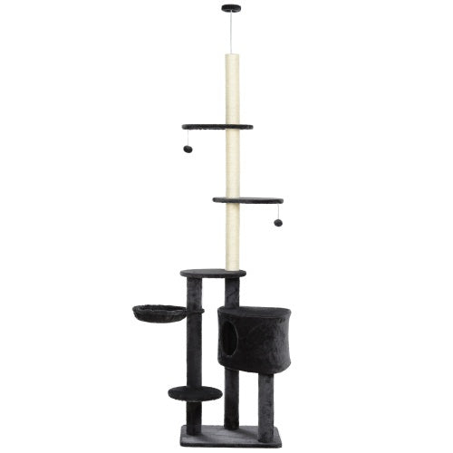 PawHut Adjustable Height Floor-To-Ceiling Vertical Cat Tree With Carpet Platforms, Condo Rope Scratching Areas, Dark Grey