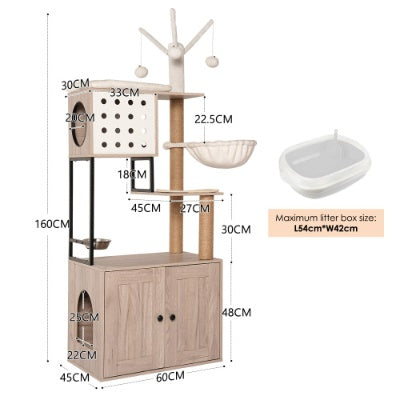 Cat Tree With Litter Box Enclosure - Modern Cat Condo With Scratching Posts, Feeding Bowl Removable Pompom Sticks, Gray