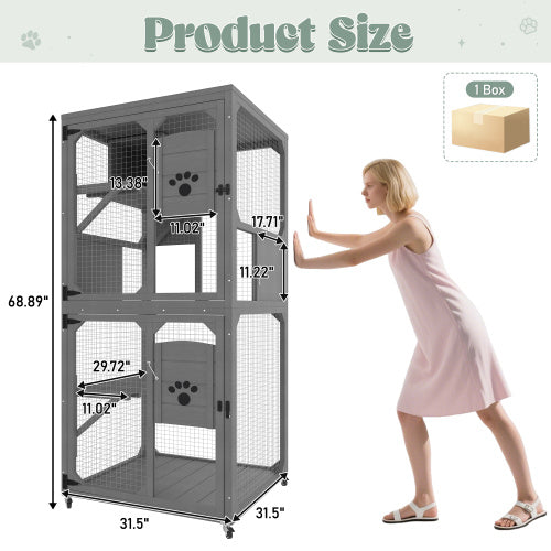 Catio Outdoor Cat Enclosure Window Access, 4 Tiers Cat House With Wheels, Resting Box & Waterproof Roof, Indoor Large Cat House Cage, Gray