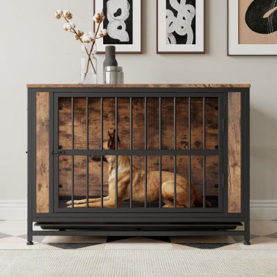 Dog Crate Furniture, Wooden Dog Crate Table, 38.9 Dog Kennel With 2 Sliding Doors And Thick Iron Door Frame, Decorative Pet Crate House For Large Medium Small Dog Indoor Use Rustic Brown