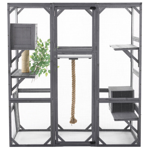 Outdoor Cat House DIY Cat Enclosure, Cat Catio With Double Enter Doors 62.8 L X 32.2 W X68.5 H Balcony Cat Playpen With Platforms And Two Condos For 1-3 Cats Light Grey