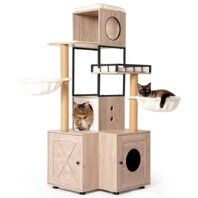 63 Multi-Functional Cat Tree With Litter Box - Includes Removable Washable Cushion, Scratching Posts Toy Hanger, Modern Design, Rustic Gray