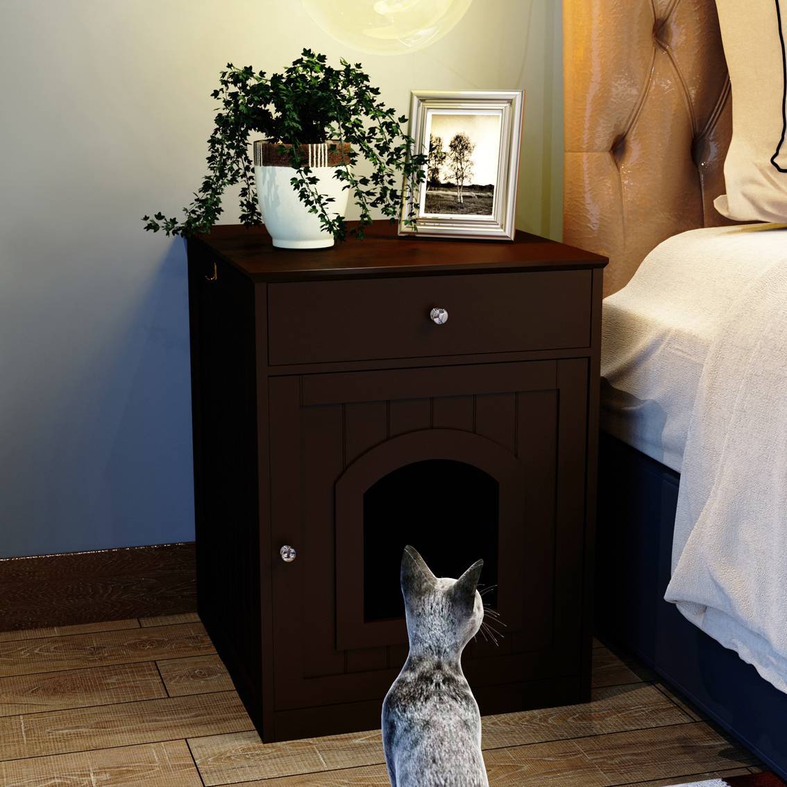 Wooden Pet House Cat Litter Box Enclosure With Drawer, Side Table Indoor Pet Crate