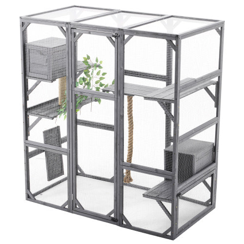 Outdoor Cat House DIY Cat Enclosure, Cat Catio With Double Enter Doors 62.8 L X 32.2 W X68.5 H Balcony Cat Playpen With Platforms And Two Condos For 1-3 Cats Light Grey