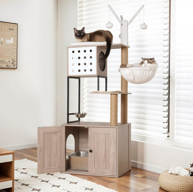 Cat Tree With Litter Box Enclosure - Modern Cat Condo With Scratching Posts, Feeding Bowl & Removable Pompom Sticks, Gray