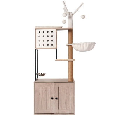 Cat Tree With Litter Box Enclosure - Modern Cat Condo With Scratching Posts, Feeding Bowl Removable Pompom Sticks, Gray