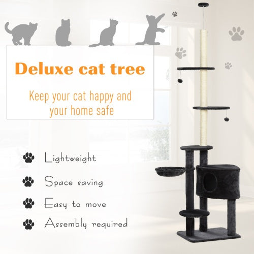 PawHut Adjustable Height Floor-To-Ceiling Vertical Cat Tree With Carpet Platforms, Condo Rope Scratching Areas, Dark Grey