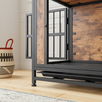 Dog Crate Furniture, Wooden Dog Crate Table, 27.48 Dog Kennel With 2 Sliding Doors And Thick Iron Door Frame, Decorative Pet Crate House For Small Dog Indoor Use Rustic Brown