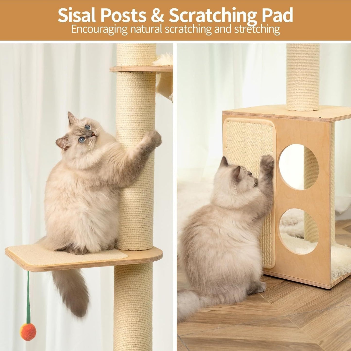 MEWOOFUN Floor-to-Ceiling Cat Tree - 108 Inch Tall Wooden Tower For Large Cats, Multi-Level Climbing & Scratching Post With Perches