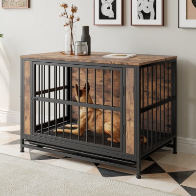 Dog Crate Furniture, Wooden Dog Crate Table, 38.9 Dog Kennel With 2 Sliding Doors And Thick Iron Door Frame, Decorative Pet Crate House For Large Medium Small Dog Indoor Use Rustic Brown