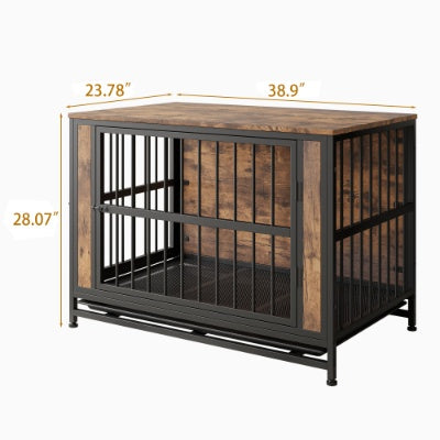 Dog Crate Furniture, Wooden Dog Crate Table, 38.9 Dog Kennel With 2 Sliding Doors And Thick Iron Door Frame, Decorative Pet Crate House For Large Medium Small Dog Indoor Use Rustic Brown