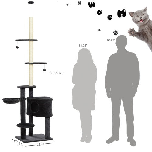 PawHut Adjustable Height Floor-To-Ceiling Vertical Cat Tree With Carpet Platforms, Condo Rope Scratching Areas, Dark Grey