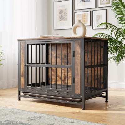 Dog Crate Furniture Wooden Dog Crate Table 32.8 Dog Kennel With 2 Sliding Doors And Thick Iron Door Frame Decorative Pet Crate House For Medium Small Dog Indoor Use Rustic Brown