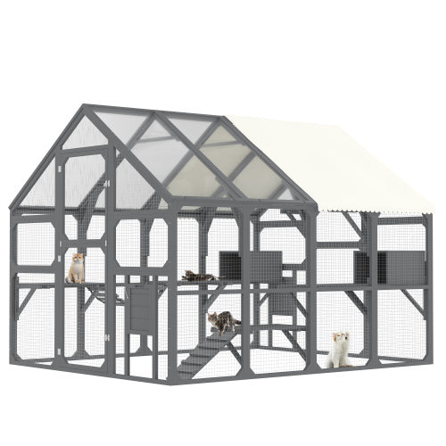 Large Catio Outdoor Cat Enclosure For Multiple Kittens, Wooden Cat House With 5 Platforms, 2 Resting Boxes, 1 Bridge And 1 Ramp, Walk In Kitty Cage Kennel With Sunshine Board Roof, Gray