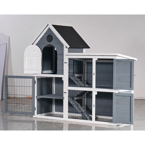 Large Outdoor Chicken Coop Cage Weatherproof 2-Story Chicken Coop Rabbit Hutch, Wooden Indoor Outdoor Pet House With No-Leak Tray, Waterproof Roof Pull-Out Tray 50.98 Lx 48.23 H, Grey, Blue