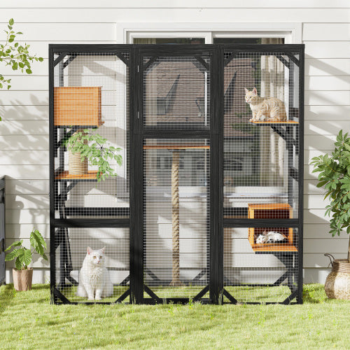 Outdoor Cat House DIY Cat Enclosure, Cat Catio With Double Enter Doors 62.8 L X 32.2 W X68.5 H Balcony Cat Playpen With Platforms And Two Condos For 1-3 Cats Light Grey
