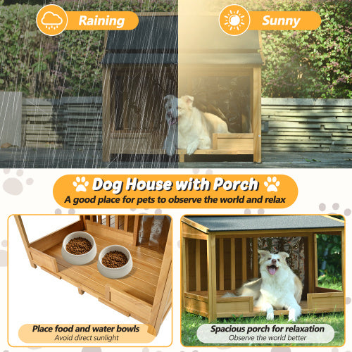 60.2 Large Outdoor Dog House With Insulated Liner For Winter Waterproof Dog Kennel For Medium & Large Dogs, Dog House With Porch And Asphalt Roof And Elevated Floor, Nature