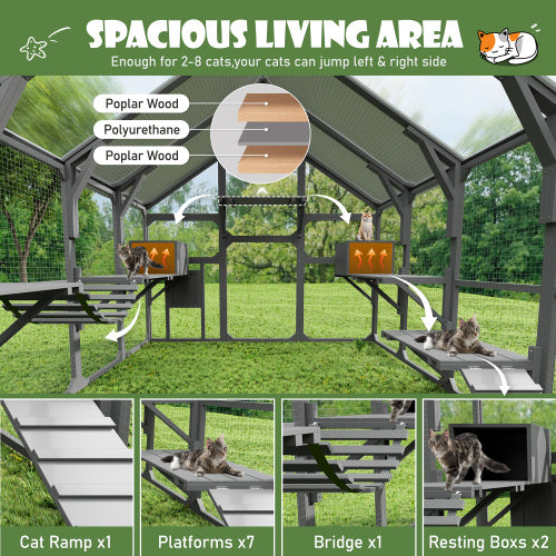 Large Catio Outdoor Cat Enclosure For Multiple Kittens, Wooden Cat House With 5 Platforms, 2 Resting Boxes, 1 Bridge And 1 Ramp, Walk In Kitty Cage Kennel With Sunshine Board Roof, Gray