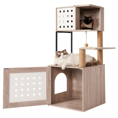 Cat Tree With Litter Box Enclosure, Allinone Cat Tower For Indoor Cats With Large Hammock, Bed, Food Station, Scratching Posts, Modern Style Pet Furniture, Gray White