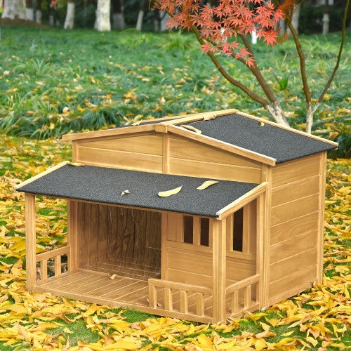 GO 47.2 Wooden Dog House, Outdoor & Indoor Dog Crate, Pet Kennel With Porch, Solid Wood, Weatherproof, Medium, Nature