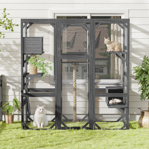 Outdoor Cat House DIY Cat Enclosure, Cat Catio With Double Enter Doors 62.8 L X 32.2 W X68.5 H Balcony Cat Playpen With Platforms And Two Condos For 1-3 Cats Light Grey