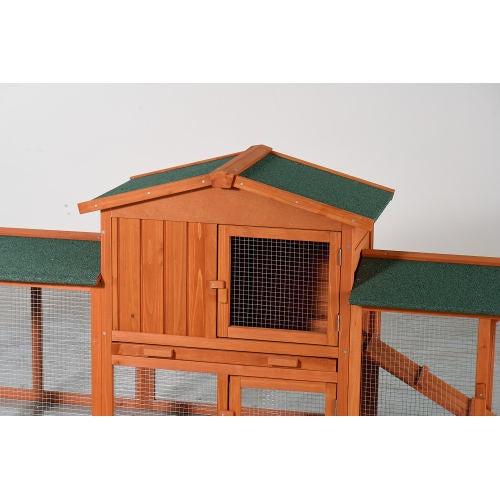 Large Wooden Rabbit Hutch, Outdoor Bunny Cage With Spacious Run, Waterproof Asphalt Roof, Pull-Out Tray And Ramp, Fir Wood Pet House For Rabbits, Chickens And Small Animals Brown Green