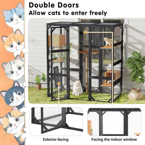 Outdoor Cat House DIY Cat Enclosure, Cat Catio With Double Enter Doors 62.8 L X 32.2 W X68.5 H Balcony Cat Playpen With Platforms And Two Condos For 1-3 Cats Light Grey