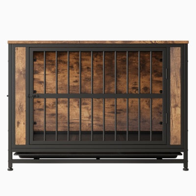 Dog Crate Furniture, Wooden Dog Crate Table, 38.9 Dog Kennel With 2 Sliding Doors And Thick Iron Door Frame, Decorative Pet Crate House For Large Medium Small Dog Indoor Use Rustic Brown