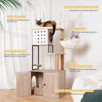Cat Tree With Litter Box Enclosure - Modern Cat Condo With Scratching Posts, Feeding Bowl Removable Pompom Sticks, Gray