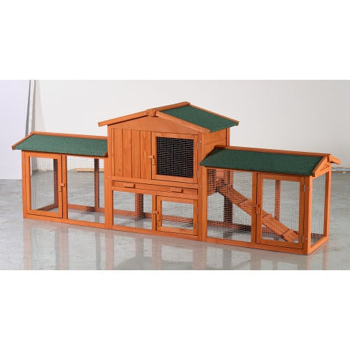 Large Wooden Rabbit Hutch, Outdoor Bunny Cage With Spacious Run, Waterproof Asphalt Roof, Pull-Out Tray And Ramp, Fir Wood Pet House For Rabbits, Chickens And Small Animals Brown Green