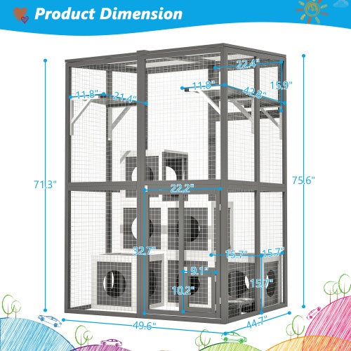 Outdoor Wooden Cat Catio - Large Solid Wood Cat Cage Playpen With 2 Jumping Platforms 7 Napping Houses, Walk-in Cat Kennel Condo Shelter, Grey