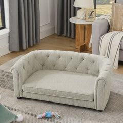 Pet Sofa With Arc-shaped Backrest And Armrests, Contemporary Rectangular Pet Sofa Crafted From Breathable Linen Cozy Soft Cushion Dog Sofa