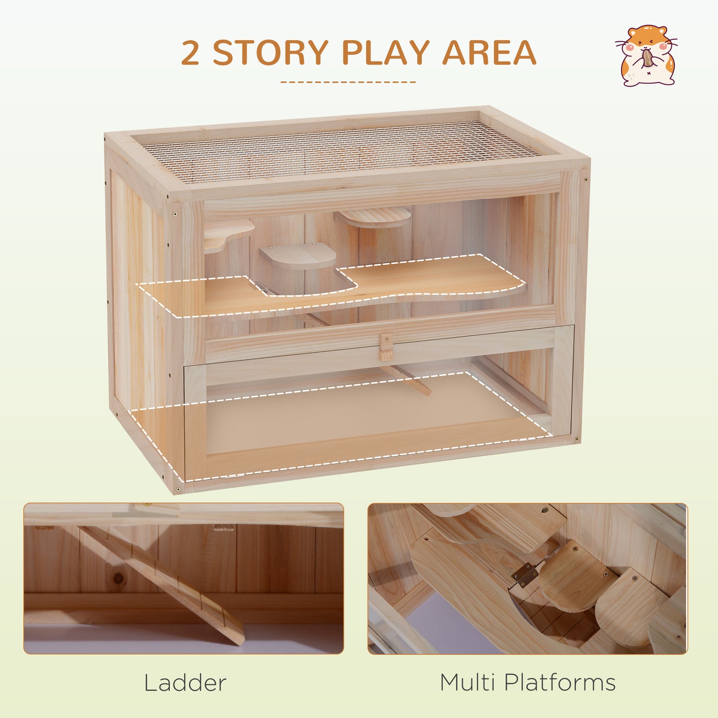 2-Tier Hamster Habitat Openable Top Front Door Shelf Ladder Stable Fir Wood Frame Nature Wood