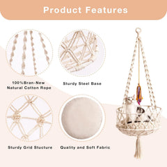 MEWOOFUN Boho Macrame Cat Swing - Handwoven Hanging Bed With Soft Mat & Toy For Indoor Cats, Decorative Hammock For Sleeping & Play Beige