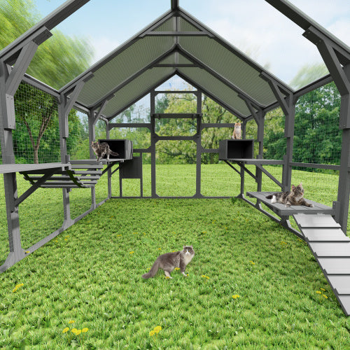 Large Catio Outdoor Cat Enclosure For Multiple Kittens, Wooden Cat House With 5 Platforms, 2 Resting Boxes, 1 Bridge And 1 Ramp, Walk In Kitty Cage Kennel With Sunshine Board Roof, Gray