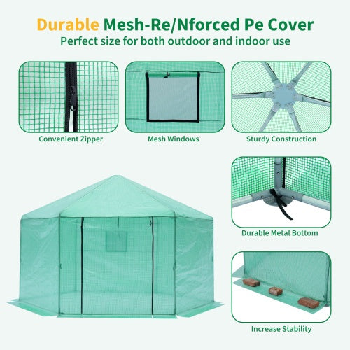 Walk-in Greenhouse Hexagonal Upgrade Reinforced Frame Heavy Duty Plastic Greenhouse Reinforced Thickened Waterproof Insulation 13.1x8.6 Ft