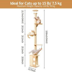 MEWOOFUN Floor-to-Ceiling Cat Tree - 108 Inch Tall Wooden Tower For Large Cats, Multi-Level Climbing & Scratching Post With Perches