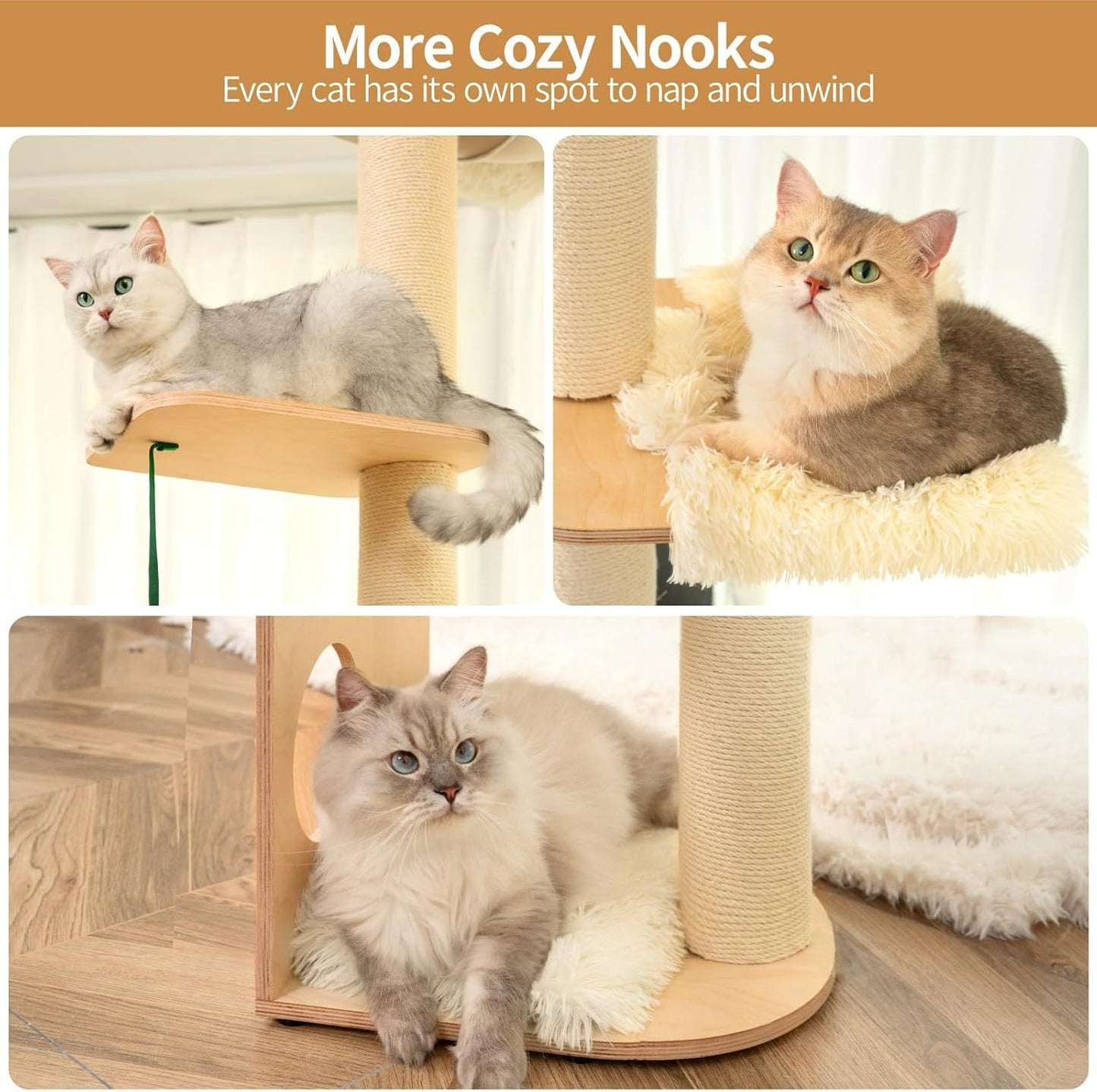 MEWOOFUN Floor-to-Ceiling Cat Tree - 108 Inch Tall Wooden Tower For Large Cats, Multi-Level Climbing & Scratching Post With Perches