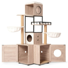 63 Multi-Functional Cat Tree With Litter Box - Includes Removable Washable Cushion, Scratching Posts  Toy Hanger, Modern Design, Rustic Gray