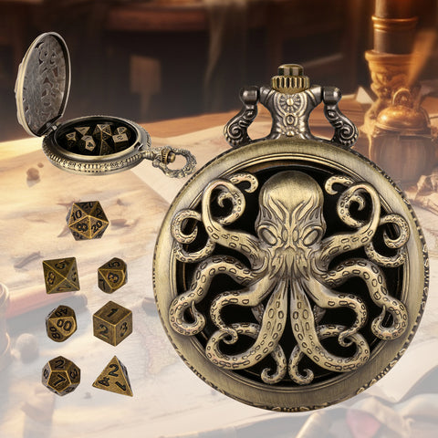 Thick Chain Octopus Symmetrical Pocket Watch Dice Set, Equipped With 7 Mini DND Dice Game Polyhedral Metal Dice, Desktop Role-playing Game Dice Accessories Gift