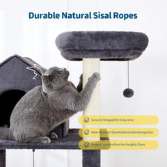 60 InchMulti-Level Cat Tree For Indoor Cats With Plush Hammock, Cozy Cat House, Scratching Post, Top Perch And Two Hanging Balls